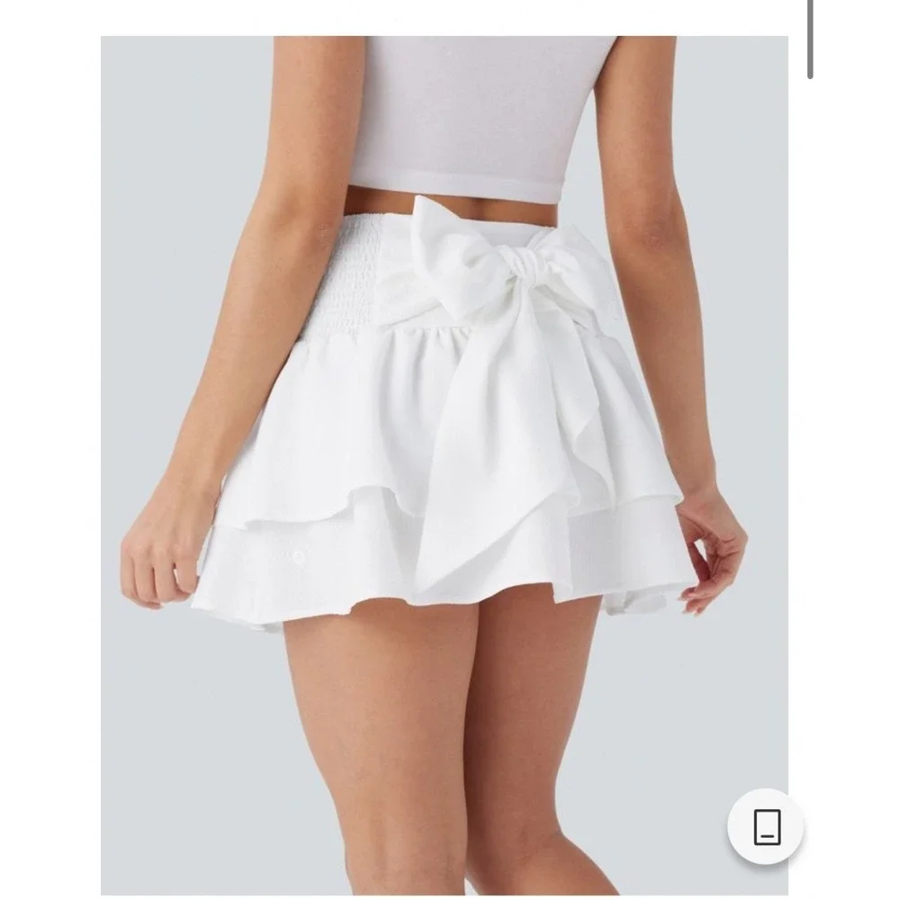 Halara White High‎ Waisted Ruffle Mini Skirt Oversized Bow Tiered Skirt L NWT